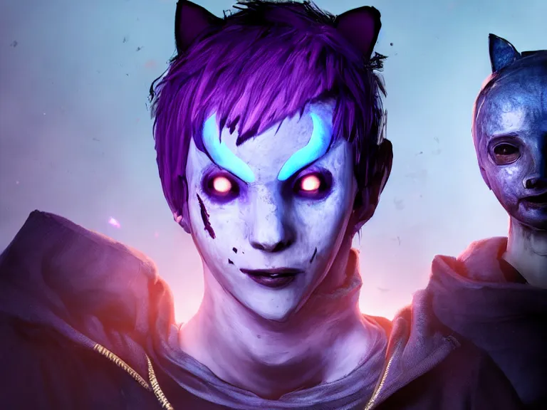 Image similar to purple haired man with cat ears, blue hoodie, facing away from camera in dead by daylight with hook, moody lighting