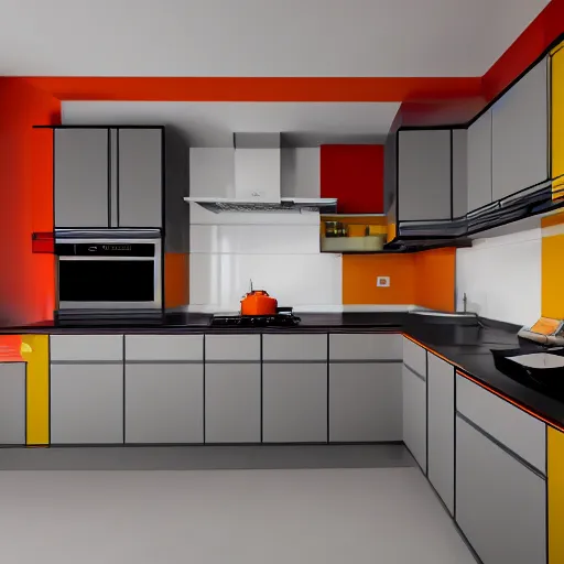 Image similar to 1970's futurist interior kitchen, furnished by aero aarino, primary colors are white, orange, yellow, and red unreal engine 8k resolution