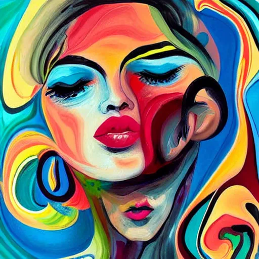 Image similar to abstract art with swirly color liquid acrylic paint and beautiful female face, beautiful color composition, warm colors, black details