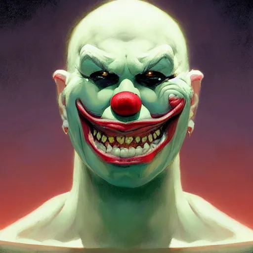 Image similar to 4k headshot portrait of Spawn clown from Macfarlane comics by Craig Mullins, ilya kuvshinov, krenz cushart, epic , artgerm trending on artstation by Edward Hopper and Dan Mumford and WLOP and Rutkovsky, beksinski carl spitzweg moebius and tuomas kocar, intricate artwork by caravaggio, Unreal Engine 5, Lumen, Nanite , 4K headshot of godlike clown with defined arms and open hands and bloody clothes with giant mandala wings , intricate face , flawless anime cel animation by Kentaro Miura, psychedelic , highly detailed upper body , professionally post-processed , beautiful, scary, symmetry accurate features, epic, octane rendered, anime masterpiece, accurate