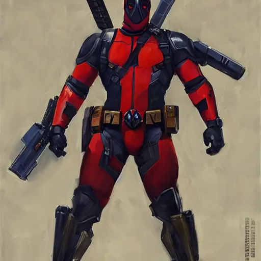 Image similar to greg manchess portrait painting of armored deadpool as overwatch character, medium shot, asymmetrical, profile picture, organic painting, sunny day, matte painting, bold shapes, hard edges, street art, trending on artstation, by huang guangjian and gil elvgren and sachin teng