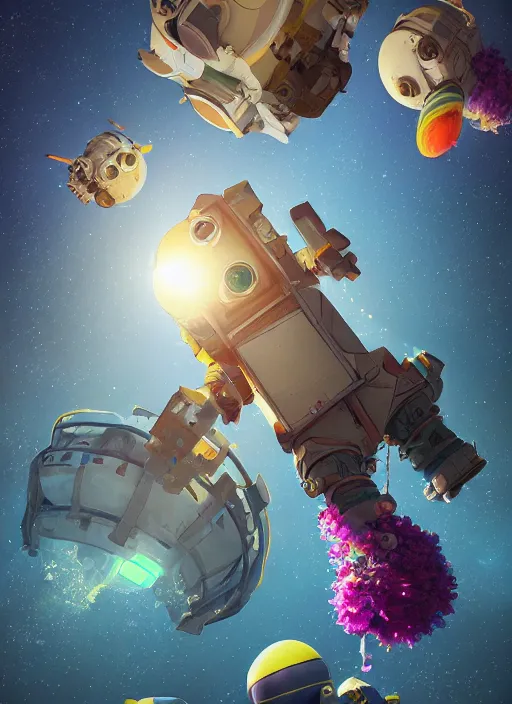 Image similar to An epic fantastic realism comic book style astroneer painting of the most beautiful flowers launched into space, bouquets, solar eclipse, fisheye, unreal 5, DAZ, hyperrealistic, octane render, dynamic lighting