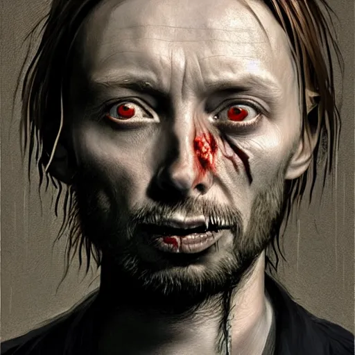 Image similar to young thom yorke as a zombie looking unsure, 7 days to die zombie, fine art, award winning, intricate, elegant, sharp focus, cinematic lighting, rimlight, digital painting, 8 k concept art, art by z. w. gu, art by brom, art by michael hussar, 8 k