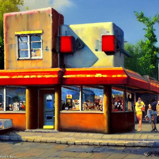 Prompt: kinkade painting of a brutalist mcdonald's