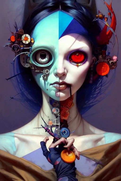 Image similar to portrait, patchwork doll, japanese gothic sytle, macabre horror, blue hour, expressive, asymmetrical art, hyperrealism, colorful, vivid, imposing, epic, abstract texture, artstation, concept art, by peter mohrbacher and wlop and rhads and artgerm and magali villeneuve and alphonse mucha