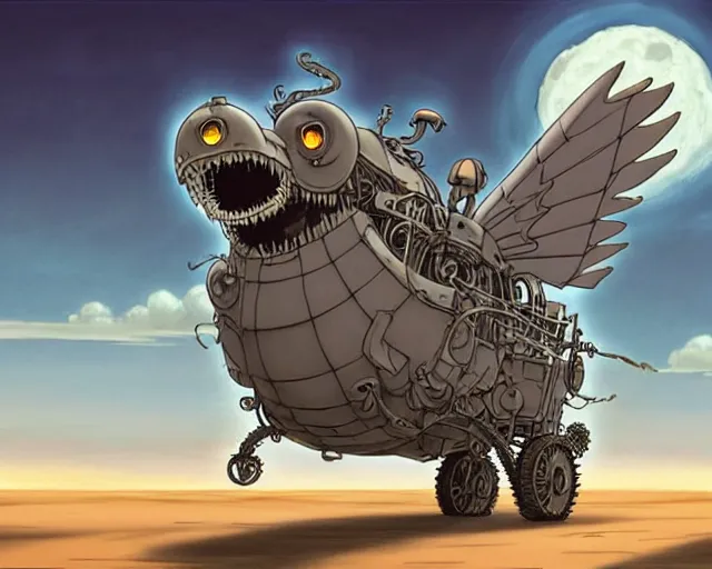 Image similar to a cell shaded cartoon grey lovecraftian mechanized griffon from howl's moving castle ( 2 0 0 4 ), with a big head, on a desert road, wide shot, in front of a big moon, muted colors, post grunge, josan gonzales, wlop, by james jean, victor ngai, hq, deviantart, art by artgem