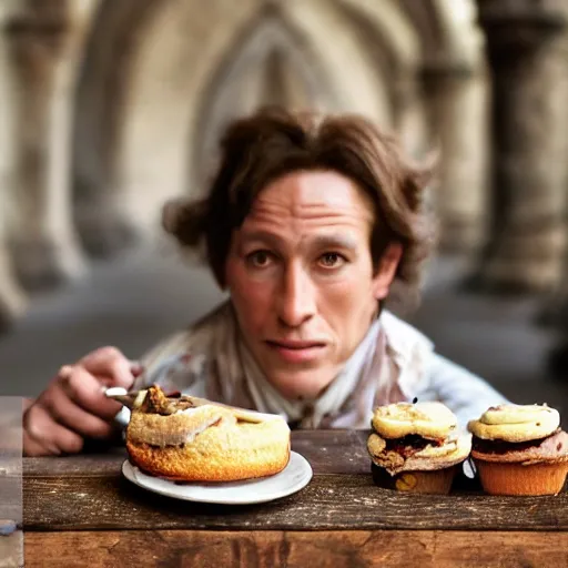 Image similar to closeup portrait of a medieval goblin eating cakes in the cloisters, depth of field, bokeh, zeiss lens, detailed, symmetrical, centered, fashion photoshoot, by annie leibovitz and steve mccurry, david lazar, jimmy nelsson, breathtaking, 8 k resolution, extremely detailed, beautiful, establishing shot, artistic, hyperrealistic, beautiful face, octane render