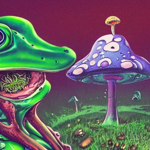 Image similar to A close up portrait of a dignified psychedelic godlike anthropomorphic frog smoking an anime blunt , magic mushroom village in background . award winning. superb resolution. in the art style of junji Ito and greg rutkowski . Detailed Mushroom city in background. Hyper realistic anime. Perfect art. Dalle2