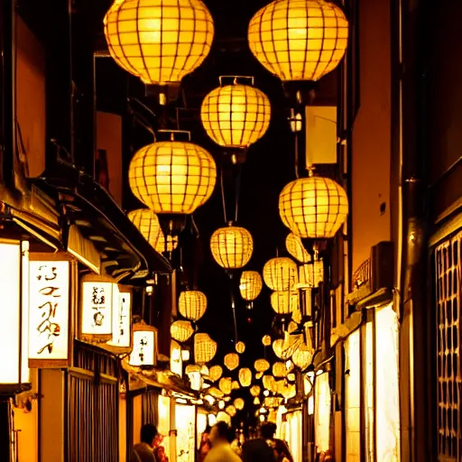 Prompt: night photography of kyoto alleyway at night, golden lanterns, traditional and modern store fronts, bokeh, award winning, dslr, nikon