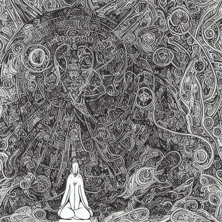 Prompt: human meditating supreme peace immense knowledge infinite color dmt art black and white intense loss ending death betrayal suffering deep black