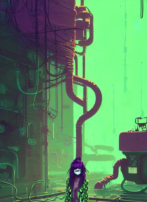 Image similar to highly detailed portrait of a lonely wasteland punk long dripping green poison hair tribal lady, stray neon green sludge hoses by atey ghailan, james gilleard, by joe fenton, by greg rutkowski, by greg tocchini, by kaethe butcher, 4 k resolution, gradient purple, brown black and white color scheme!!! ( ( green flaming robotic sewer background ) )