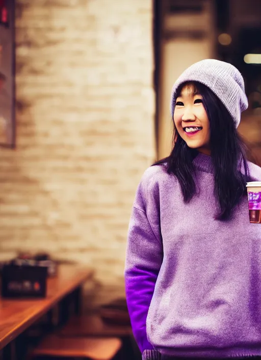 Image similar to young adult asian woman in a coffee shop wearing a beanie and a purple cyberpunk sweater with led light elements smiling, natural light, magazine photo, 5 0 mm