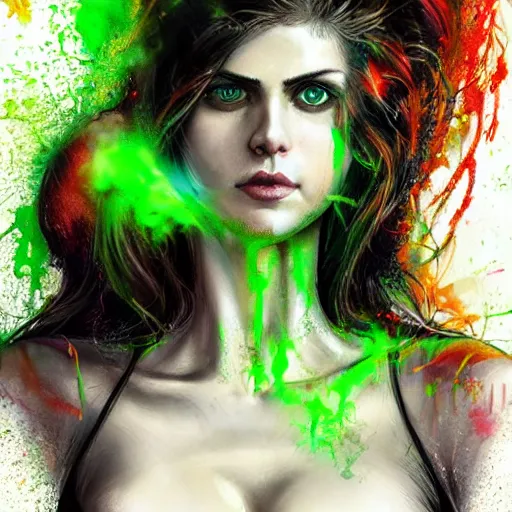 Image similar to a Demon Slayer portrait of Alexandra Daddario, tall, pale-skinned, slender with lime green eyes and long eyelashes by Stanley Artgerm, Tom Bagshaw, Arthur Adams, Carne Griffiths, trending on Deviant Art, street art, face enhance, chillwave, maximalist, full of color, glittering