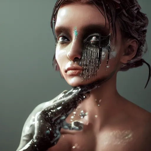 Prompt: a beautiful feminine alien with thick black sludge seeping from her eyes, screaming while being consumed by darkness, iridescent eyes, dreamlike, intricate detail, 3d render, octane render, trending on artstation, 4k, hd