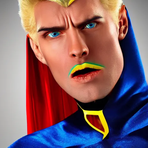 Image similar to portrait of a evil blonde superhero two sides hair and thin face lines, his cape is the american flag, he is angry, his costume is blue with yellow eagles head on the shoulders, 8 k, hyper realistic, movie imax shot, film, cinematography, red