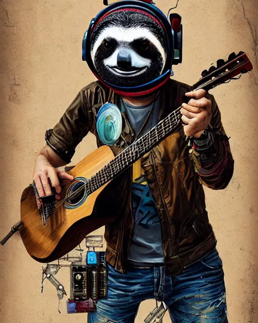 Image similar to a portrait of an anthropomorphic cyberpunk sloth strumming an acoustic guitar by sandra chevrier, by jon foster, detailed render, tape deck, epic composition, cybernetics, 4 k realistic, cryengine, realistic shaded lighting, sharp focus, masterpiece, by enki bilal