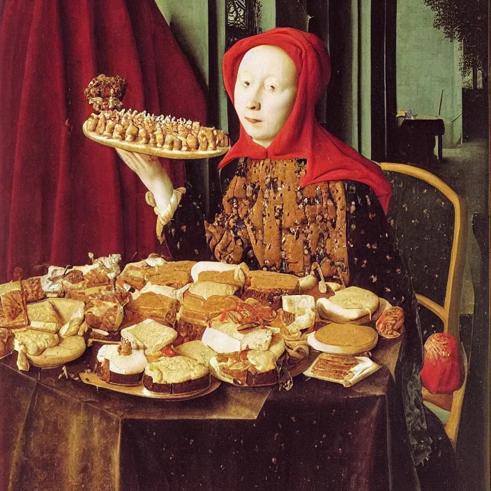 Prompt: a woman eating hundreds of cakes, by Jan van Eyck