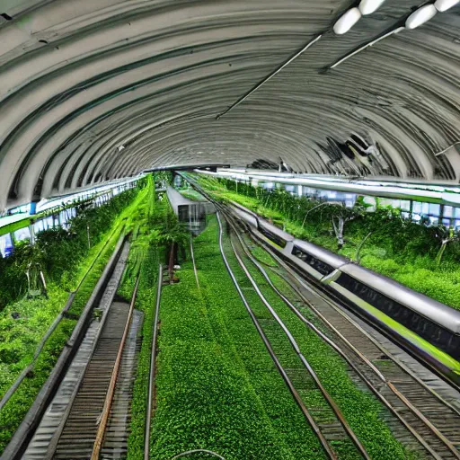 Image similar to subway station, lots of green, plants, ecofuturism