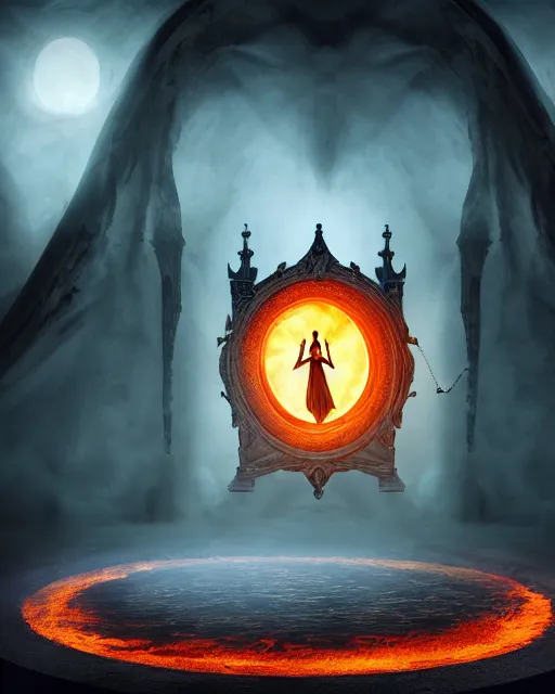 Prompt: matte painting of floating mage summoning a demon in the middle of dark room, demon is emerging from a fiery portal, vibrant colors, gothic, horror, high production value, intricate details, high resolution, hdr, high definition, masterpiece, realistic, ultrarealistic, highly detailed, hd, sharp focus, non blurry, sharp, smooth