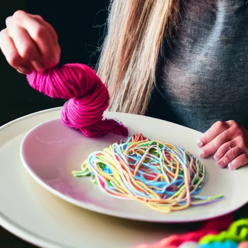 Image similar to photo of person eating a plate of colorful yarn like spaghetti