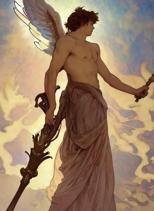 Prompt: digital character concept art by artgerm and greg rutkowski and alphonse mucha. portrait of a young fourteen year old boy, like a young god, icarus with wings, beautiful, holding a staff, detailed, poster art, light effect, glowing, hyper detail, intricate, elegant, digital painting, artstation, smooth, sharp focus