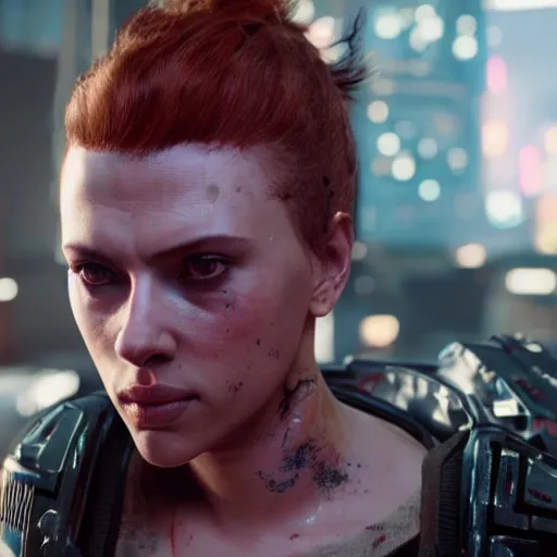 Image similar to bruised scarlett johansson after a bad mission in Cyberpunk 2077. CP2077. 3840 x 2160