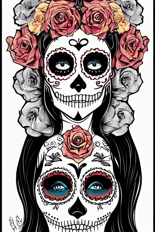 Prompt: illustration of a sugar skull day of the dead girl, art by jerry collins