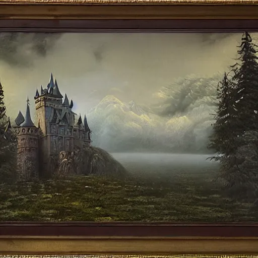 Prompt: a haunting castle in the style of zdzlaw bekinski, james gurney and ivan shishkin (oil on canvas), matte painting.
