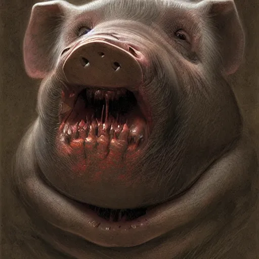 Image similar to anthropomorphic pig is vladimir putin pig hybrid, transformation, macabre, horror, by donato giancola and greg rutkowski and wayne barlow and zdzisław beksinski, realistic face, visible face, digital art