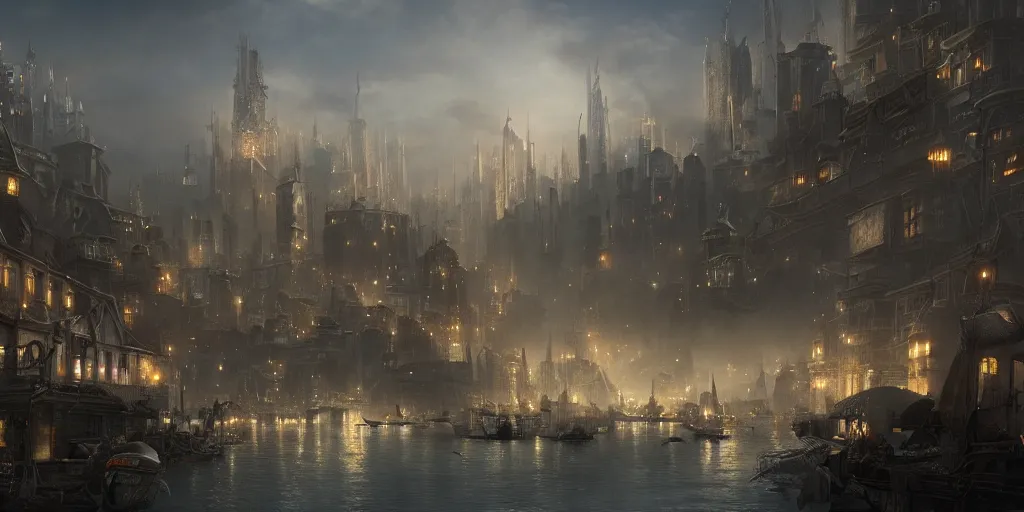 Image similar to beautiful matte painting of a port city by weta workshop 8 k, cinematic dramatic atmosphere, dramatic lighting
