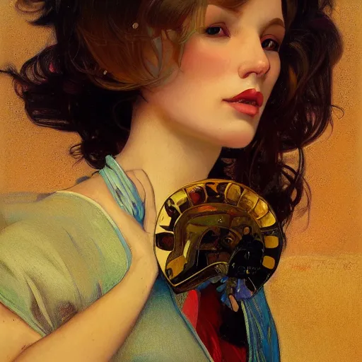 Image similar to modern woman | hyper realistic | action pose | digital painting | trending on artstation | pinup portrait | clean | illustration | dressed | Unreal Engine 5 | 8k resolution | by Greg Rutkowski Alphonse Mucha Gustav Klimt and Mel Ramos