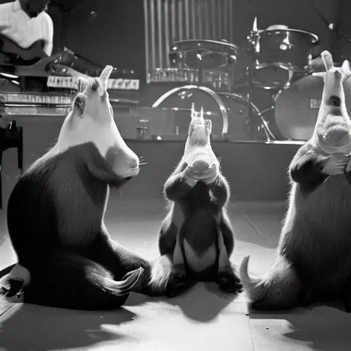 Prompt: black and white photo of a capybara band with bowl haircuts on the Ed Sullivan Show in 1965, cinematic lighting, light rays, ultra realistic, photorealistic, volumetric lighting, photography