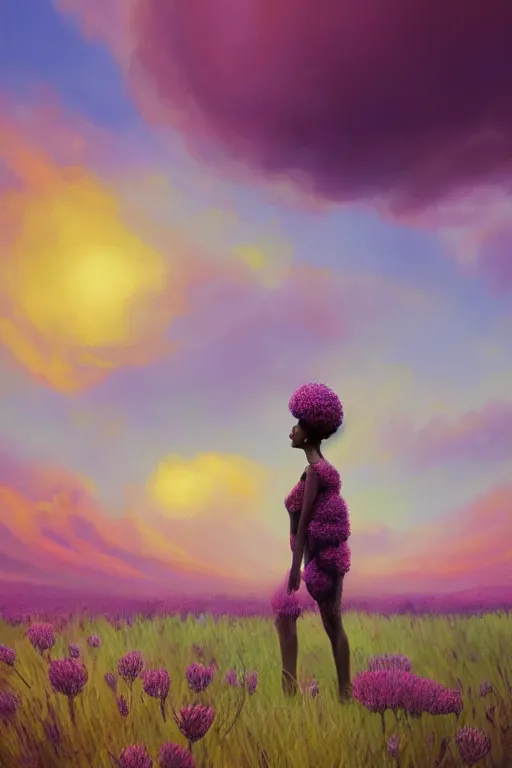 Image similar to closeup, giant flower as head, african woman in heather field, surreal photography, golden hour, colorful clouds, impressionist painting, digital painting, artstation, simon stalenhag