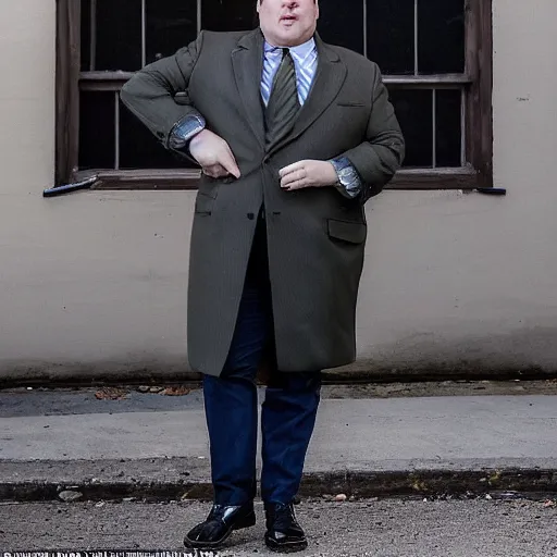 Prompt: the chubby white man stood patiently on the trailer lot, his legs spread apart, wearing an olive green overcoat, dark gray chalk stripe three-piece suit, a blue dress shirt with white cuffs and collars, a midnight blue necktie, and a pair of worn-in wheat Timberland Boots