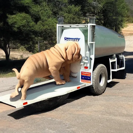 Image similar to sharpei dog driving a cement truck