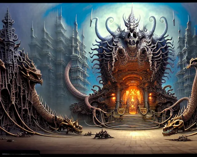 Image similar to street view of a temple made of dragon skeletons, fantasy landscape made of fractals facing each other, ultra realistic, wide angle, intricate details, the fifth element artifacts, highly detailed by peter mohrbacher, hajime sorayama, wayne barlowe, boris vallejo, aaron horkey, gaston bussiere, craig mullins