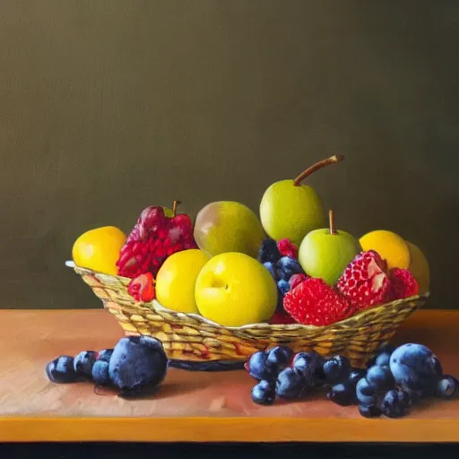 Prompt: a fruit basket on top of a kitchen table, paleolithic painting
