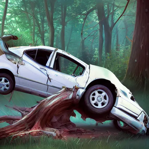 Image similar to a car destroyed by a tree, artstation, digital art, high quality, realistic