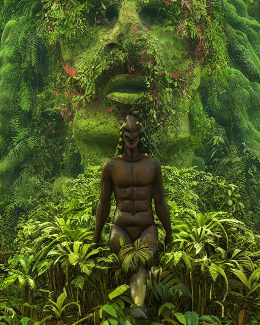 Image similar to giant anonymous statue, beautiful jungle landscape, beautiful vines growing, in the style of beeple and mike winkelmann, intricate, epic lighting, cinematic composition, hyper realistic, 8 k resolution, unreal engine 5, raytracing, reflections, happy colors