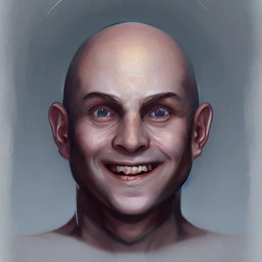 Image similar to a head - on detailed oil portrait of a round - faced bald male monk with a friendly smile, by charlie bowater, lise deharme, wlop, trending on artstation, dungeon and dragons art, critical role