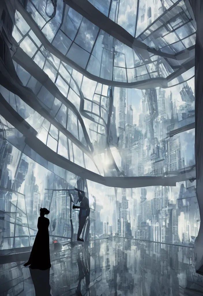 Image similar to silhouette of a couple in a futuristic appartment, window with a futuristic city, rossdraws, global illumination, radiant light, detailed and intricate environment