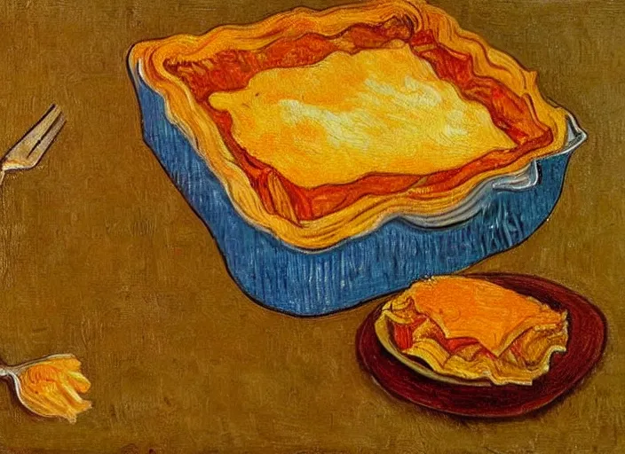 Image similar to detailed realistic realism painting of orange tabby cat eating lasagna at dusk, in the style of vincent van gogh and salvador dali and leonardo da vinci