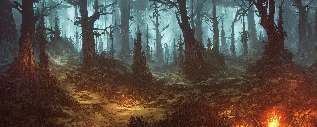 Prompt: battle background forest. sideview. darkest dungeon. art by moebius and thomas kinkade and greg rutkowski.