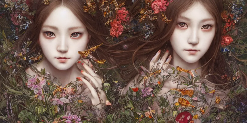 Image similar to breathtaking detailed concept art painting of the goddess of moth, orthodox saint, with anxious, piercing eyes, ornate background, amalgamation of leaves and flowers, by Hsiao-Ron Cheng, James jean, Miho Hirano, Hayao Miyazaki, extremely moody lighting, 8K