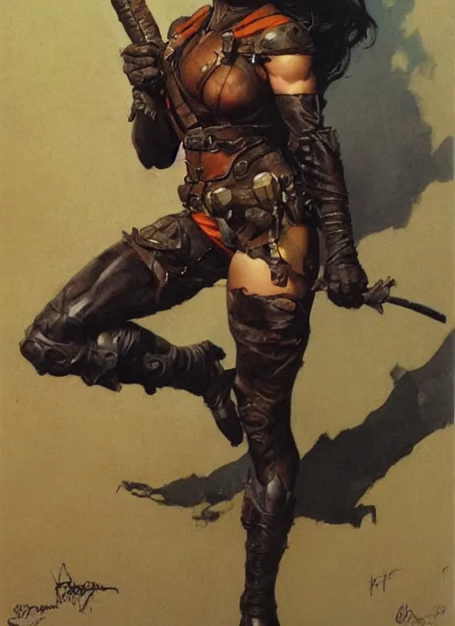 Prompt: portrait of strong female ranger, beautiful! coherent! by frank frazetta, by brom, strong line, deep color, leather armor, short buzzed hair, high contrast