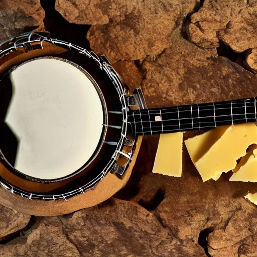 Image similar to a banjo made out of cheese in a vast cave lit by torchlight