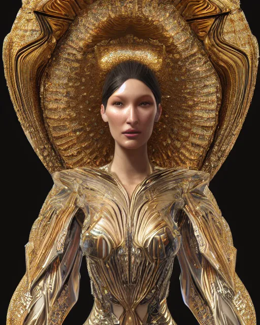 Image similar to a highly detailed metahuman 4 k close up render of an alien goddess bella hadid monument knight in iris van herpen dress schiaparelli in diamonds crystals swarovski and jewelry iridescent in style of alphonse mucha gustav klimt trending on artstation made in unreal engine 4