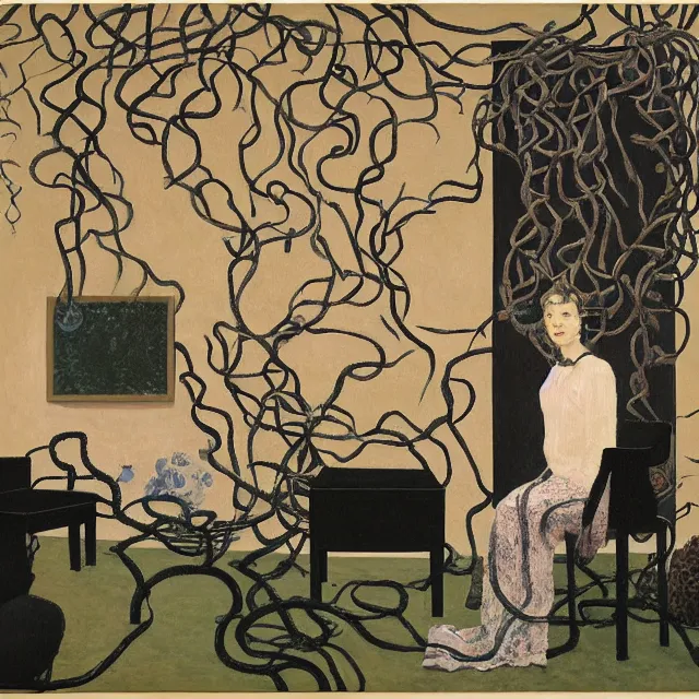 Image similar to a female pathology student in her apartment, wrapped in vines, medical equipment, stepping stones, octopus, fur seal, black walls, ikebana, black armchair, sculpture, acrylic on canvas, surrealist, by magritte and monet