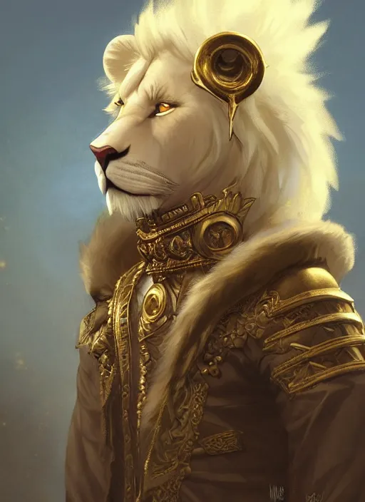 Prompt: aesthetic portrait commission of an albino male furry anthro lion wearing a bronze and gold metal outfit, vintage Atmosphere. Character design by charlie bowater, ross tran, makoto shinkai, Greg Rutkowski and Thomas Kinkade, detailed, inked, western comic book art, 2021 award winning painting