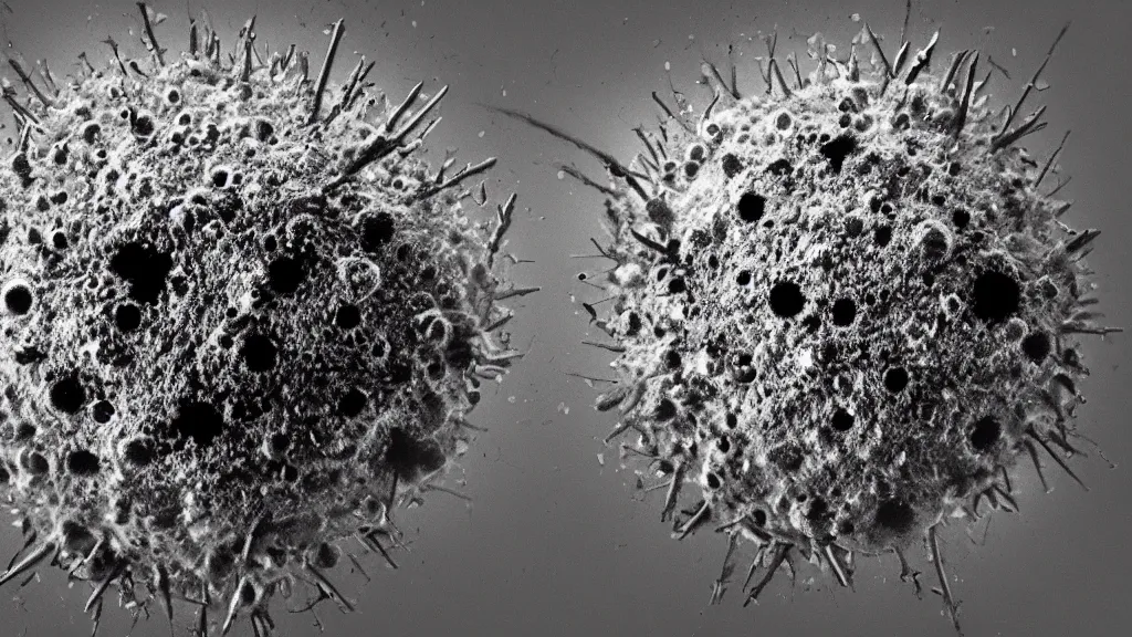 Prompt: a beautiful microscopic photo of a coronavirus seen through an electron microscope, dark, sinister, detailed, high contrast, art by Greg Rutkowski